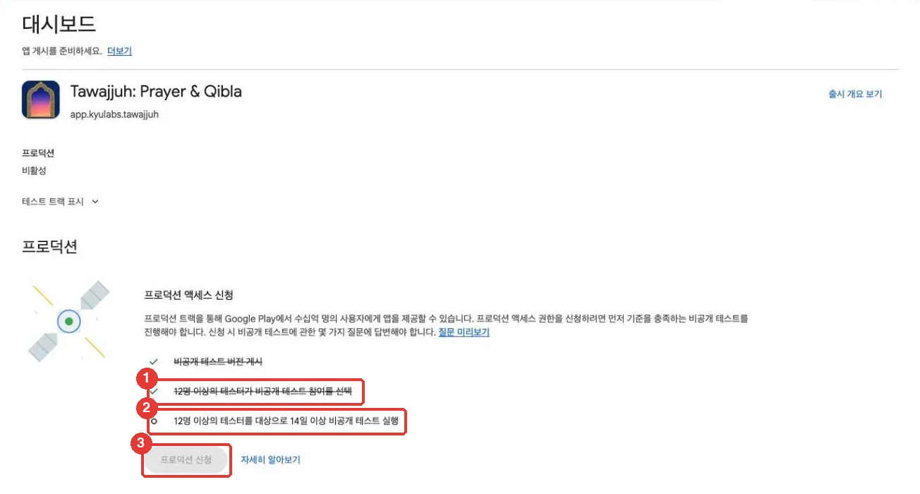 프로덕션 액세스 신청 조건: 테스터 12명 참여, 14일 진행, 프로덕션 신청 버튼